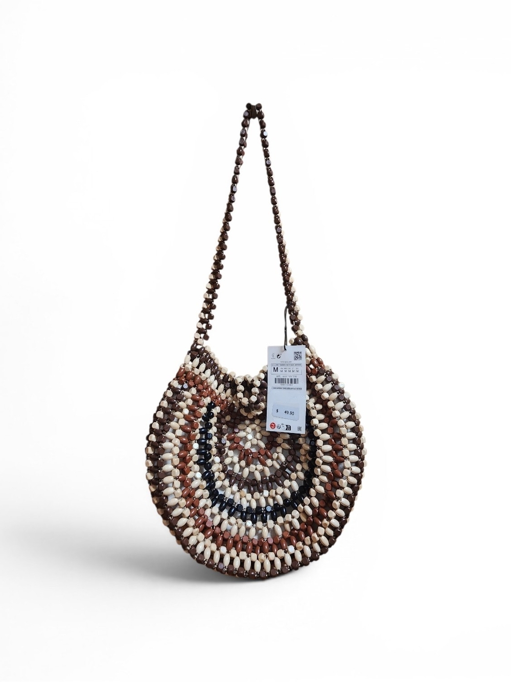 Zara Round Crescent Beaded Shoulder Bag in Brown, White and Black - Picture 2 of 7